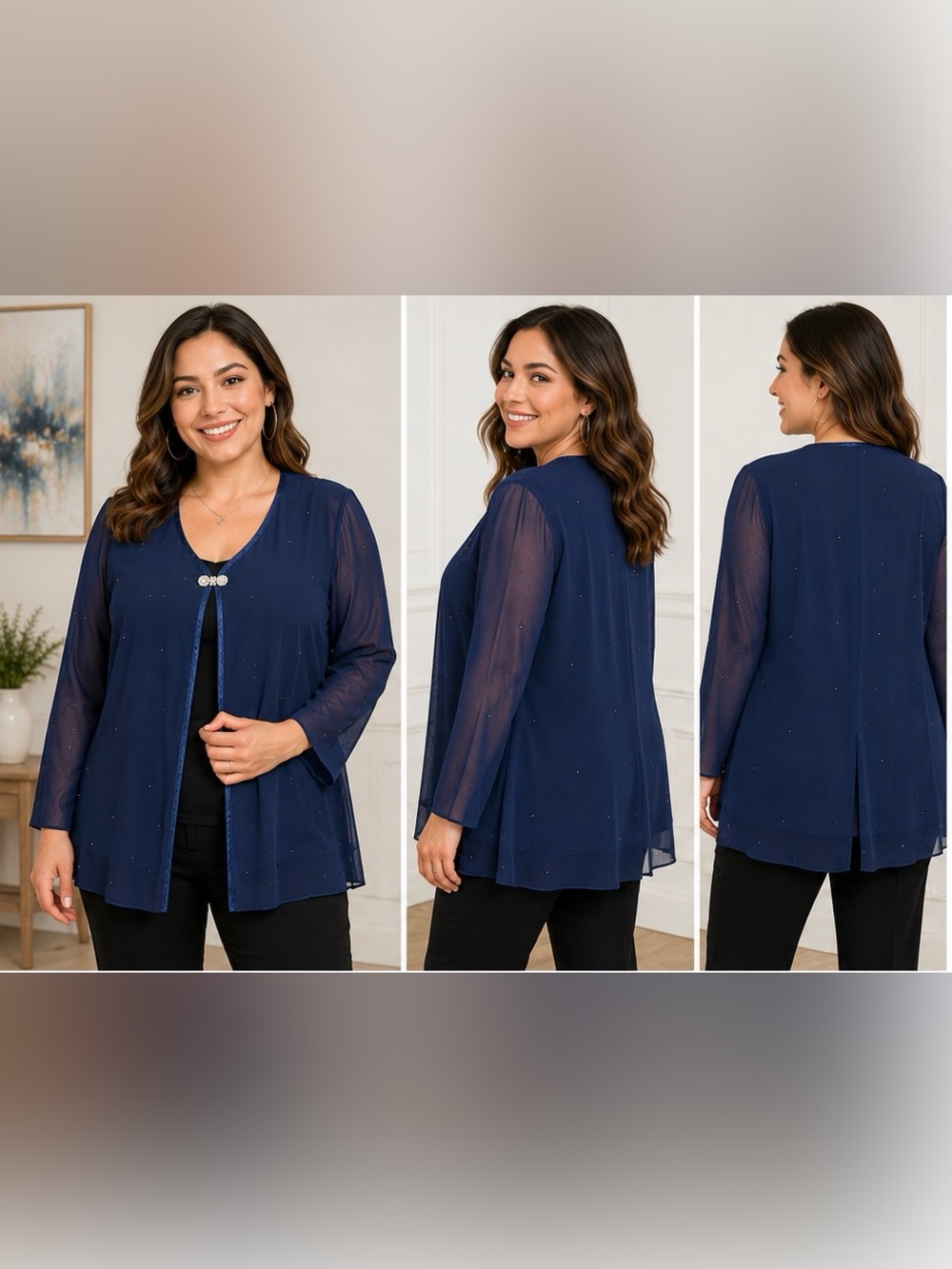 Patra Navy Blue Beaded Sheer Overlay Blouse Size Large Dressy Evening Top